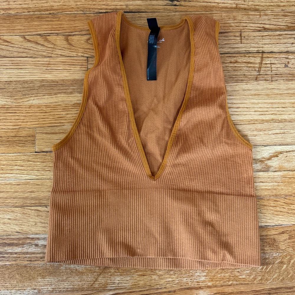 Urban Outfitters Deep V-Neck Ribbed Top in Brown